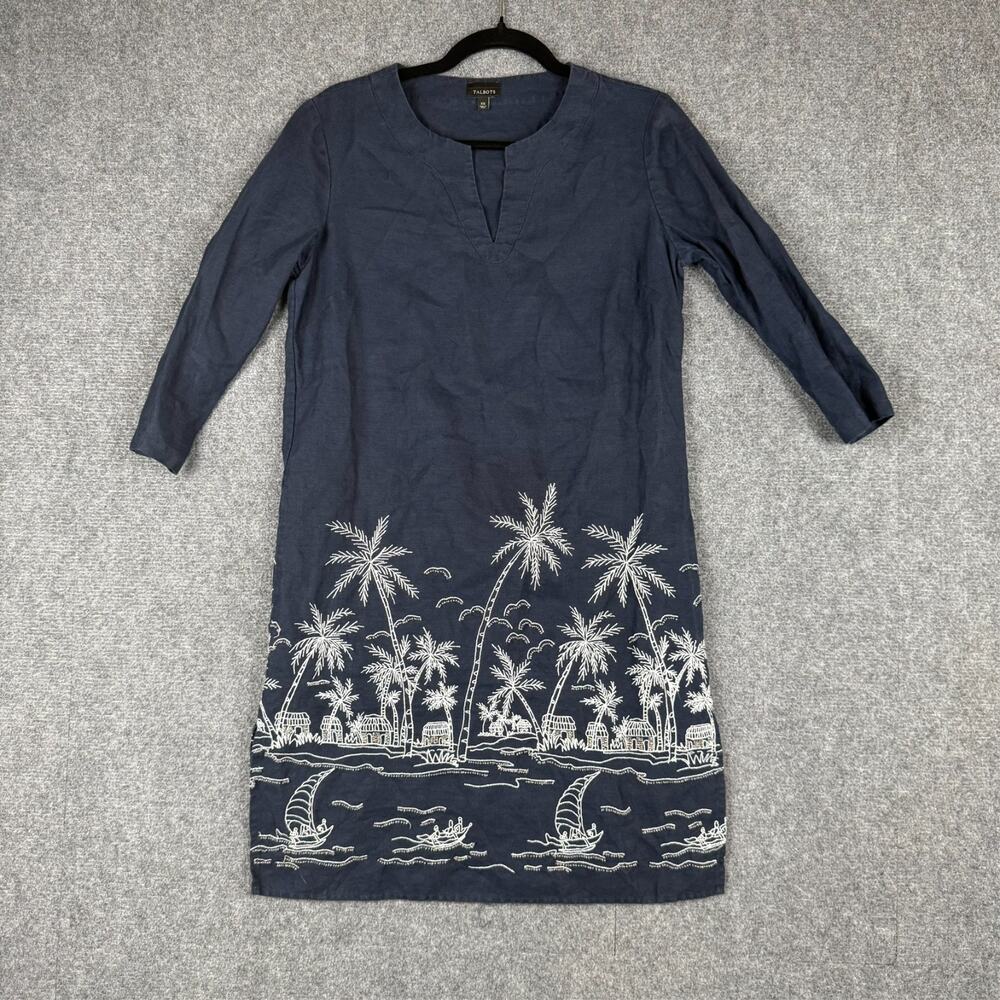 Talbots Womens XS 100% Linen Navy Embroidered Palm Tree Coastal Dress 3/4 Sleeve